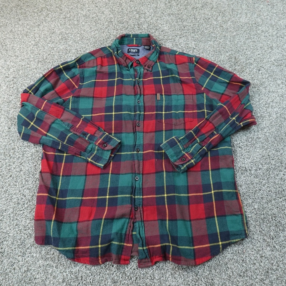 Chaps Shirt Mens XL Red Green Plaid Brushed Flannel Button Up Work Outdoor Top